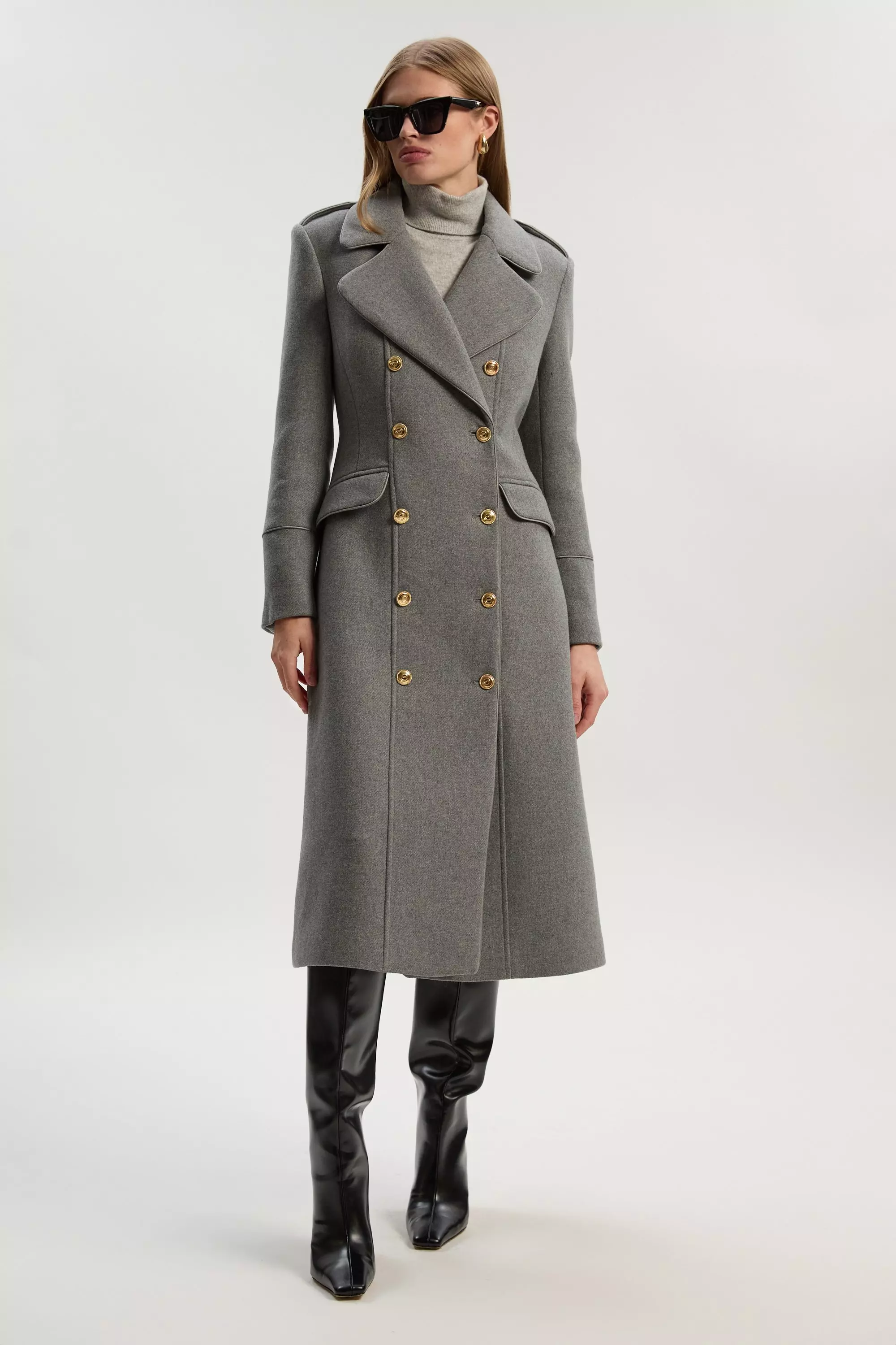Wool Double Breasted Military Tailored Midi Coat | Karen Millen